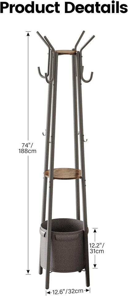 Homeiju Coat Rack Freestanding with Storage Basket & 12 Hooks, Heavy Duty Hall Tree for Entryway, Standing Coat Rack with Shelf for Hallway, Bedroom, Office Organization