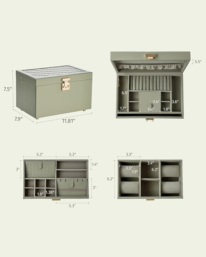 3-Tier Jewelry Box, Jewelry Organizer Box with 2 Drawers, Large Storage Capacity for Necklace Bracelets Earrings Rings, Lockable, Christmas Gift for Women, Green