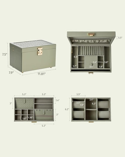 3-Tier Jewelry Box, Jewelry Organizer Box with 2 Drawers, Large Storage Capacity for Necklace Bracelets Earrings Rings, Lockable, Christmas Gift for Women, Green