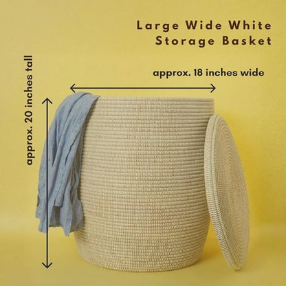 Large Woven Storage Basket with Lid, Laundry Hamper, 20 x 18 Inch Round Decorative Container for Toys, Blankets, Towels, Cut Out Handles (Solid)
