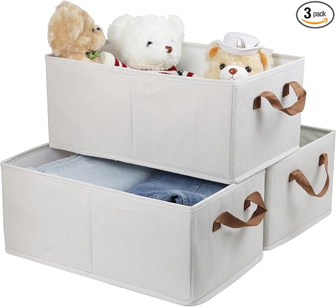Fordonral Pack of 3 Large Capacity Storage Bins Closet Organizer System, Sturdy Foldable Boxes for Organizing Clothing, Sheets, Toys, Books - Shelf Shelves Basket Bin Linen White