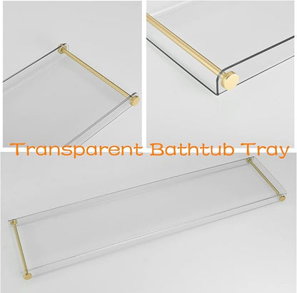 Bathtub Tray Clear Caddy Rack: Acrylic Tub Tray Shelf with Gold Rails to Hold Book Phone Candle Wine - Waterproof Bathtub Accessories, Luxury Gifts for Women