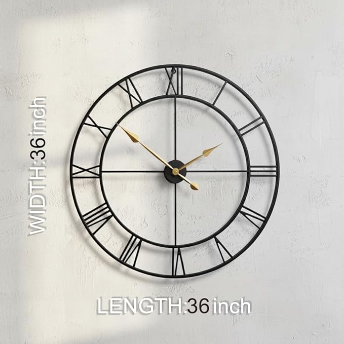 Zabiki 36 Inch Large Wall Clock Modern, Oversized Roman Vintage Farmhouse Decorative Black Metal Wall Clock for Living Room Decor, Xmas, Birthday Gift