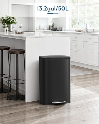 Arlopu 13.2+1.3 Gallon Step Trash Can, Stainless Steel Garbage Bin, Soft-Close Rubbish Bin with Removable Plastic Inner Bucket, Fingerprint-Proof, Lid Dustbin, for Kitchen Home (Black)