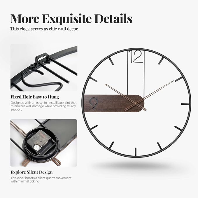 Cuspin Modern Large Wall Clock 24 Inch, Wood Metal Frame Silent Non Ticking Battery Operated Wall Clocks Decoration for Living Room, Bedroom, Kitchen, Minimalist Walnut Dial Arabic Numerals