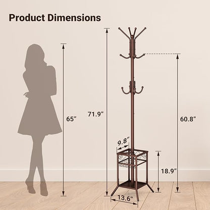 ELYKEN Coat Rack Freestanding, Metal Coat Rack Stand with Umbrella Holder, Modern Coat Tree with 12 Hooks, Floor Standing Corner Hall Tree for Entryway Living Room Bedroom Office, Brown