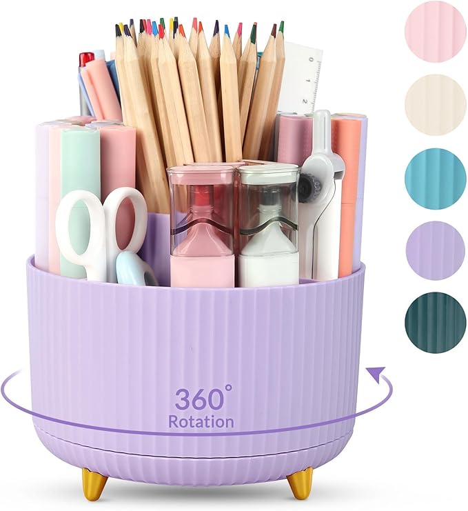 SKYDUE 360 Rotating Purple Pen & Art Supply Organizer - 5 Slot Desk Organizer for Office, School, Home