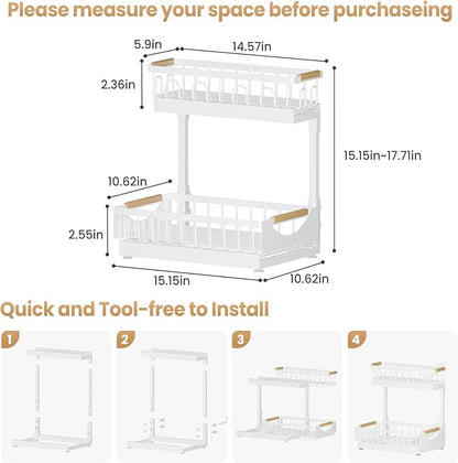 Under Sink Organizer and Storage for Bathroom and Kitchen - 2 Pack 2 Tier Under Cabinet Pull Out Shelf Organizers - Slide Out Drawer Organization for Home Cabinets Shelves and Drawers