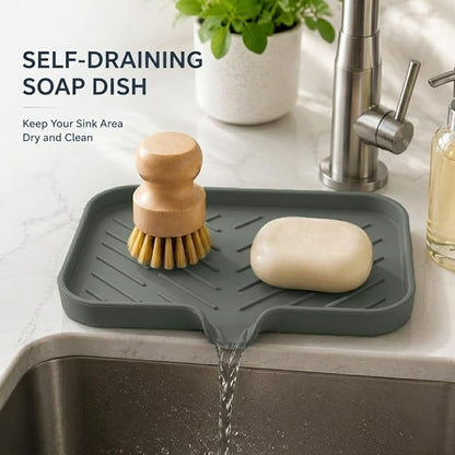 MicoYang Silicone Soap Dish with Drain Spout — Self-Draining Sink Organizer Tray for Bathroom & Kitchen, Sponges, Dispensers & Soap Holder, Non-Slip & Dishwasher Safe, Grey (Medium, 9.6"×5.3")