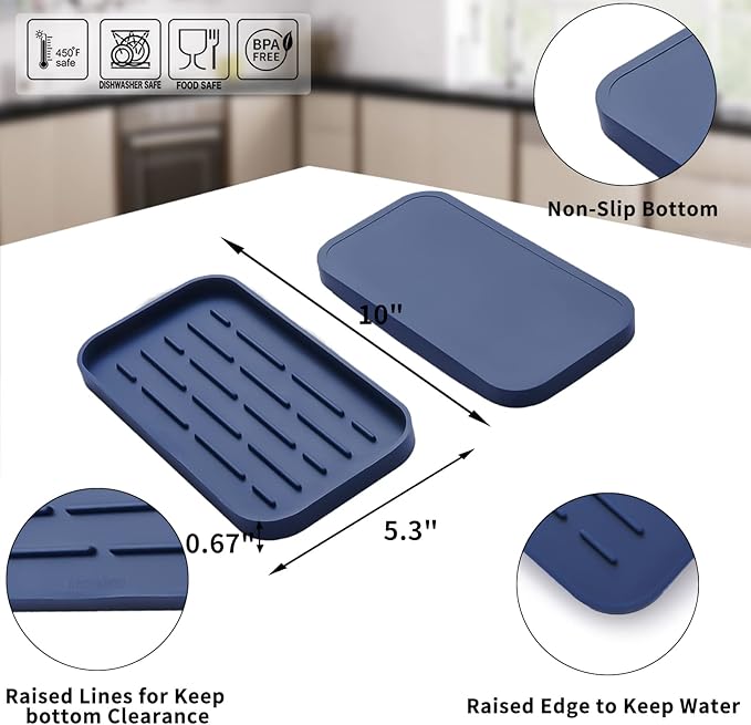 MicoYang Silicone Kitchen Sink Organizer Tray for Multiple Usage,Eco-Friendly Sponges Holder for Kitchen Bathroom Counter or Sink,Dish Soap Dispenser,Scrubber,Bottle,Cup (Navy Blue, 10"×5.3")