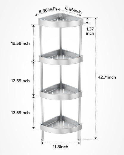 Nieifi Corner Shower Caddy Stand-4 Tier Rustproof Anodized Aluminum Standing Shower Organizer-Shower Caddy Corner-Dual Stability to Anti-Shaking-Height-Adjustable Legs for Uneven Surfaces-Silver