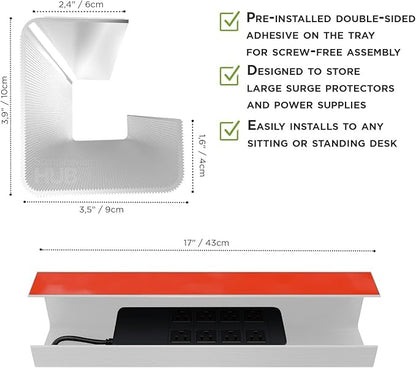 No-Screw Under Desk Cable Management Tray - Self-Adhesive Installation, Cord Management, Cable Tray, Under Desk Wire Organizer - White Set of 2