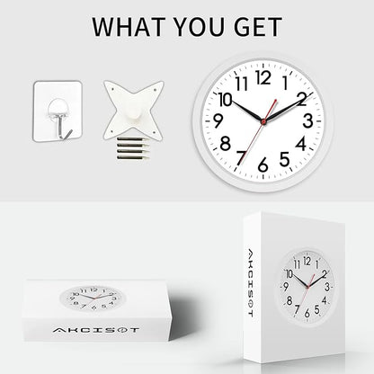 AKCISOT 14 Inch Wall Clock Silent Non Ticking Modern Wall Clocks Battery Operated, Analog Classic Clock Decorative for Bedroom, Kitchen, Home Office, Bathroom, School, Living Room (White)