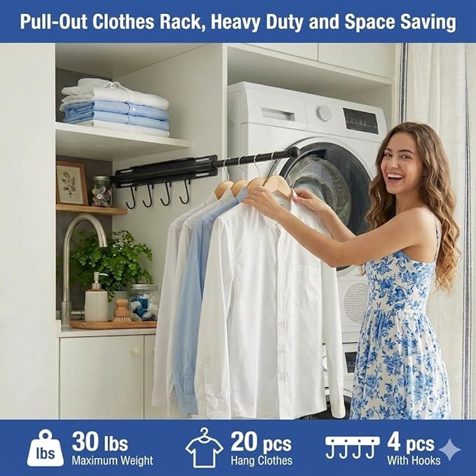 12 Inch Valet Rod for Closet Pull Out, Heavy Duty Carbon Steel Retractable Closet Rod with 4 Hooks, Slide Out Butler Hanger for Laundry Room, Bedroom, Black