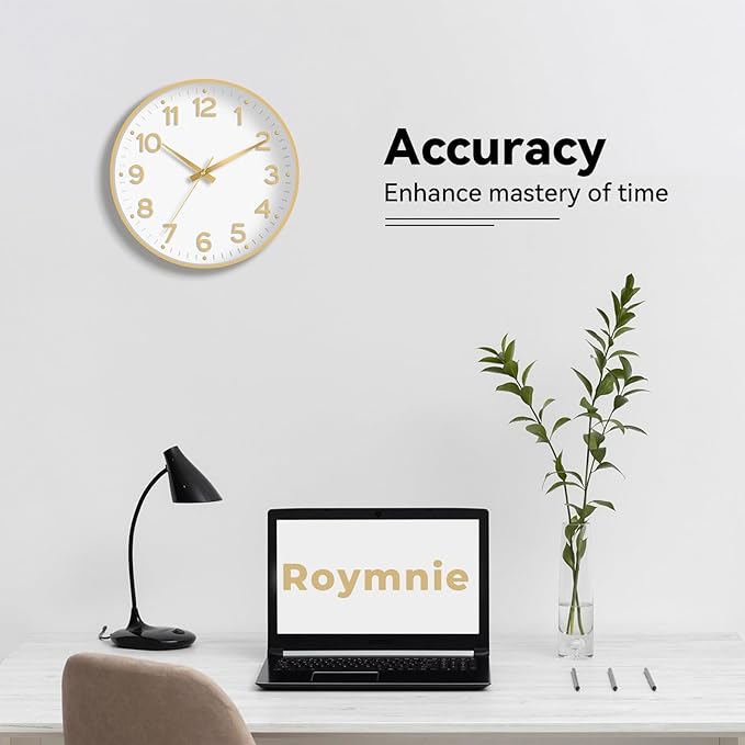Roymnie Wall Clock, Silent Wall Clocks Battery Operated 8 Inch-Modern Non Ticking Analog Clock Decorative for Kitchen Office Bathroom Bedroom(Gold)