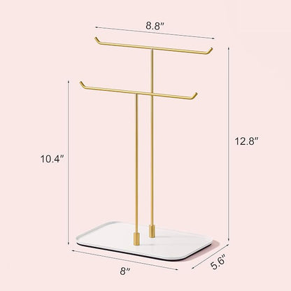 bussdis Gold Jewelry Organizer Necklace Holder Stand: 2-Tier T-Bar Display with White Metal Tray, Holds Necklaces Bracelets Earrings, Countertop Jewelry Tree