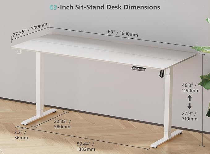 63 x 28 inch Electric Standing Desk Adjustable Height with 4 Wheels, 4 Memory Height Settings, 2 Headphone Hook, for Home Office, White