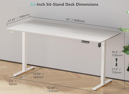 63 x 28 inch Electric Standing Desk Adjustable Height with 4 Wheels, 4 Memory Height Settings, 2 Headphone Hook, for Home Office, White