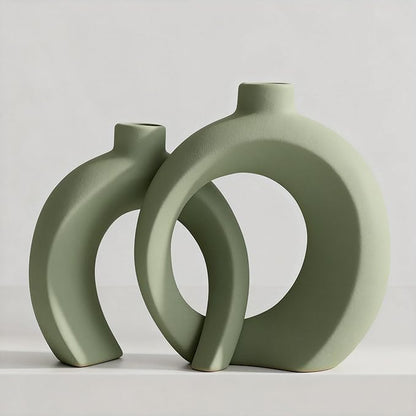 Set of 2 Sage Green Ceramic Vases for Home Decor Accents - Unique Hollow Donut Artistic Design Modern Boho Farmhouse Style Decorative Vases for Shelf, Mantel, Entryway Table Decor (Matte Green)