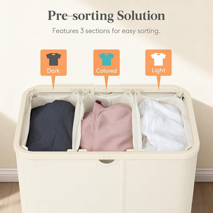 Lifewit 185L 3 Section Laundry Hamper with Lid, Large Laundry Basket with Handles and Removable Bags, Tall Clothes Hamper, Foldable Laundry Sorter for Bedroom Bathroom, White