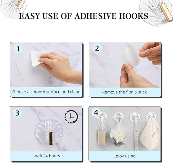 8PCS Shell Clear Adhesive Hooks - No Drill Removable Waterproof for Bathroom, Shower, Kitchen, Reusable Transparent Damage-Free Towels, Bath Sponges & Small Items (Space-Saving)