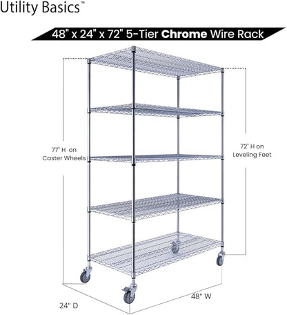 Utility Basics NSF Commercial 5-Tier Wire Shelving with Wheels, 48"x24"x72" Heavy Duty Metal Shelves 4000 lbs Max Capacity, Chrome Storage Rack for Garage Kitchen Pantry Warehouse
