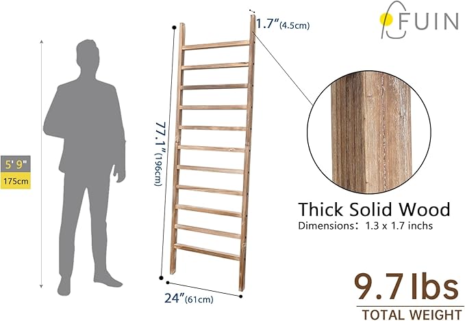 FUIN 6.4ft Extra Wide Wooden Blanket Ladder Living Room Decorative Wal Leaning Farmhouse Quilt Display Holder Rustic Wood Towel Rack for Bathroom, Burnt Brown, 24 inch Wide with 11 Rungs