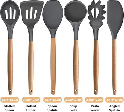 IOCBYHZ Kitchen Cooking Utensils Set, 6Pcs Silicone Kitchen Utensils Set Spatula Spoon Soup Ladle Turner, Heat Resistant Wooden Handle Silicone Cooking Gadgets for Nonstick Cookware & Baking BPA FREE