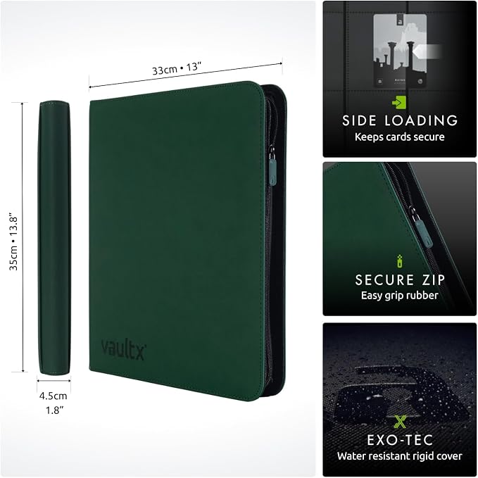Vault X 12 XL Pocket Zip Binder, 624 Cards, Exo-Tec Material, 26 Side-Loading Pages (Green)