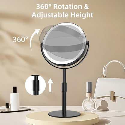 Makeup Mirror with Lights, 8" Double Sided 1x/10x Magnifying Vanity Mirror with 3 Color Lights, Rechargeable, 360° Rotation and Adjustable Height, Gift for Women Her