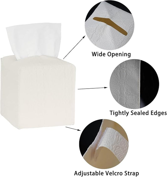Tissue Box Cover 2-Pack, Square Tissue Holder with Bottom Belt, Modern Tissue Case Facial Paper Organizer Dispenser for Bathroom, Office, Home, Table, Car, White, Linen Pattern