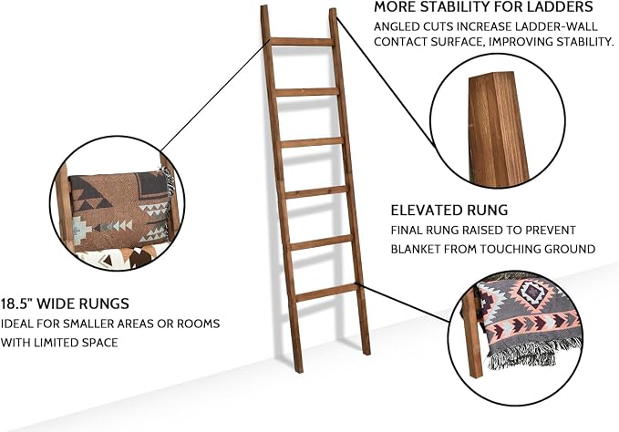 FUIN 6.4ft Extra Wide Wooden Blanket Ladder Living Room Decorative Wal Leaning Farmhouse Quilt Display Holder Rustic Wood Towel Rack for Bathroom, Brown, 18.5 inch Wide
