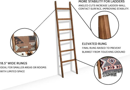 FUIN 6.4ft Extra Wide Wooden Blanket Ladder Living Room Decorative Wal Leaning Farmhouse Quilt Display Holder Rustic Wood Towel Rack for Bathroom, Brown, 18.5 inch Wide
