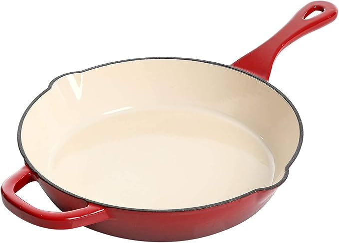 Crock-Pot 10 Inch Enameled Cast Iron Skillet with Handles - Ideal for Searing, Roasting, Frying - Even Heat Distribution, Pour Spouts - Oven-Safe & Stovetop Safe (Red)