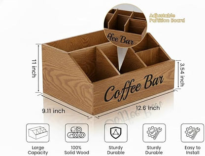 Coffee Station Organizer for Countertop – Wooden Coffee Bar Organizer with Adjustable Dividers,Holds K Cup Pod & syrup bottles, for Kitchen, Office, or Bar and Tea Station, Brown