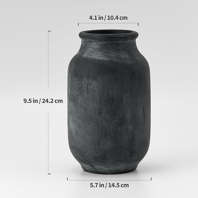 SIDUCAL Rustic Farmhouse Flower Vase | 9.5 Inch Large Ceramic Vase | Pampas Grass | Modern Farmhouse Decor for Home Decor, Table, Living Room Decoration, Shelf Decor, Mantel, Black