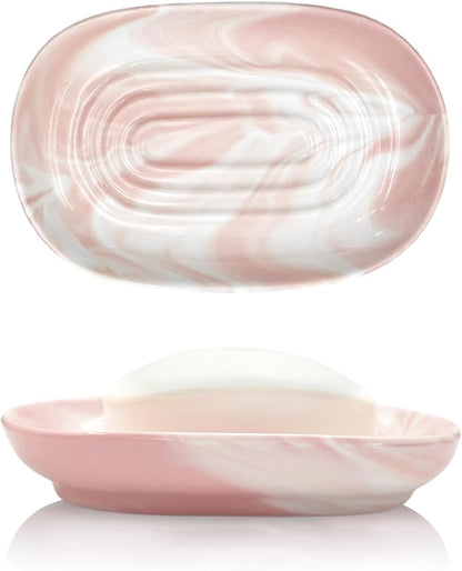 Elegant Ceramic Soap Dish for Shower with Unique Marble Texture, Decorative Bar Soap Holder for Bathroom & Kitchen, Easy Clean Versatile Oval Soap Dishes for Soap Bar