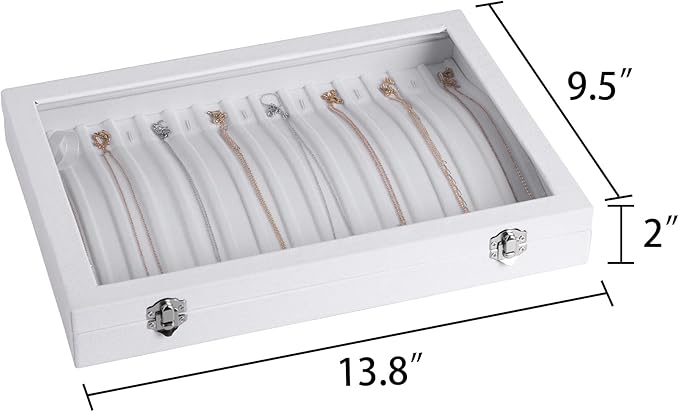 Frebeauty 15 Hooks Necklace Tray,Neckalce Organizer with Clear Lid,Velvet Necklace Holder Box,Jewelry Organizer for Pendants Chains,13.8x9.5x2 inches Necklace Jeweley Tray for Women(White)