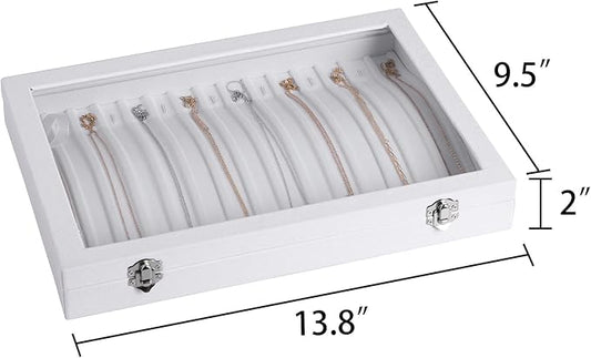 Frebeauty 15 Hooks Necklace Tray,Neckalce Organizer with Clear Lid,Velvet Necklace Holder Box,Jewelry Organizer for Pendants Chains,13.8x9.5x2 inches Necklace Jeweley Tray for Women(White)