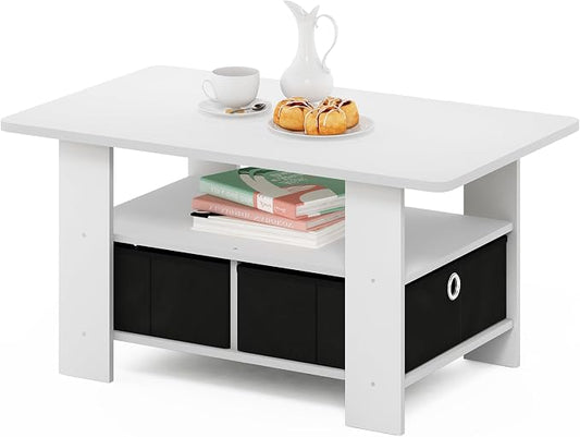 Furinno Andrey Coffee Table, Small Modern Center Table with Storage and Bin Drawer, Side Table for Living Room, Bedroom, Home Office, White