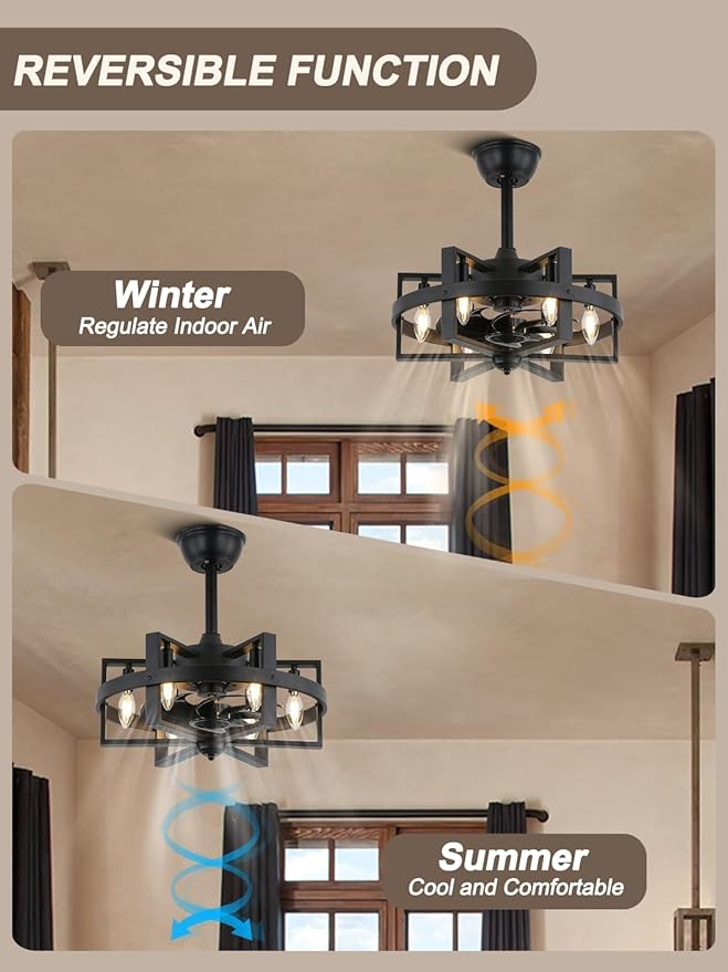 Black Caged Ceiling Fan with Light, 18.5" Modern Ceiling Fan with Lights and Remote, 6-Light Low Profile Ceiling Fans for Bedroom Living Room