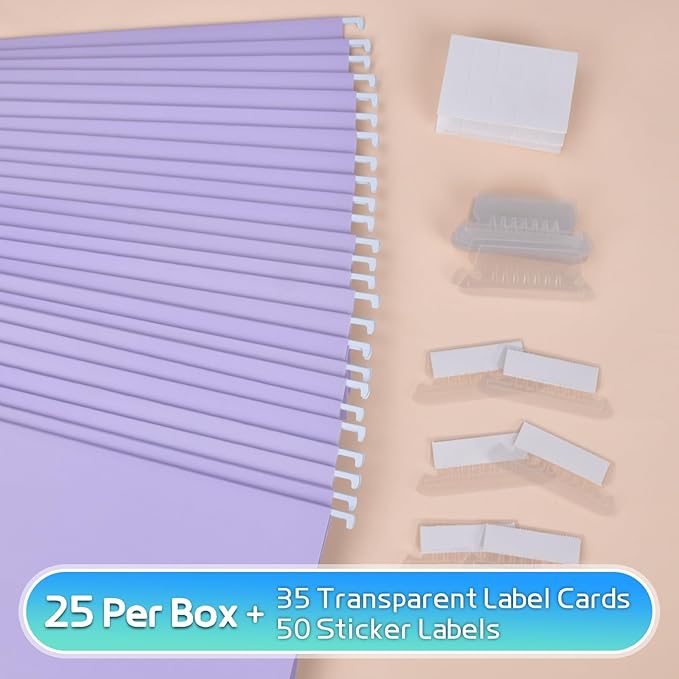 25-Pack Light Purple Hanging File Folders, Letter Size, Includes 35 Transparent Label Cards & 50 Sticker Labels,1/5-Cut Tabs for Home & Office Organization