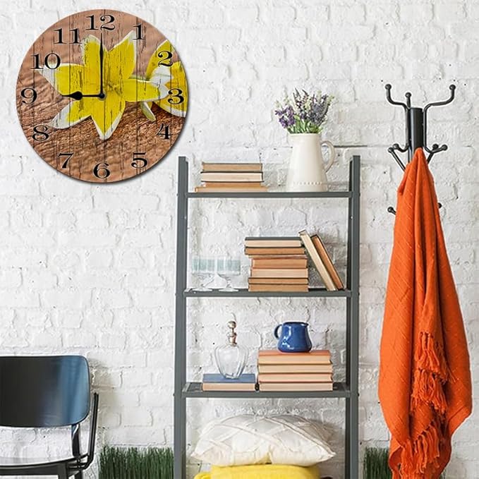 Yellow Flower Wall Clock 10 Inch Silent Non Ticking Battery Operated Wooden Modern Office Simple Minimalist Clock Decorative for Kitchen Home Bathroom Living Room