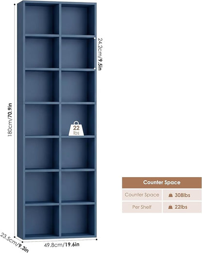 FOTOSOK 71'' Tall Bookshelf Set of 2, 7 Tier Large Bookshelf with Adjustable Shelves, Wide Bookcases and Bookshelf, DVD/CD Media Tower Storage, Cube Book Shelf Display Storage Cabinet, Blue