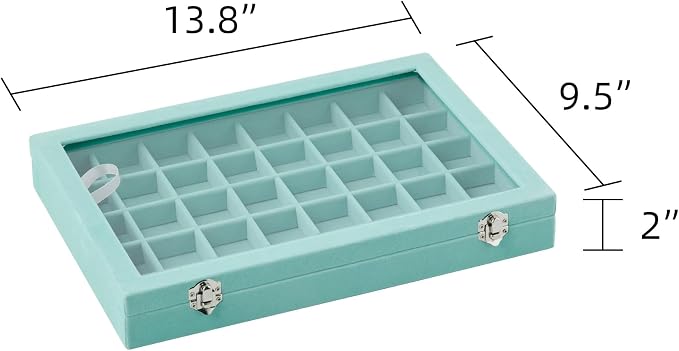 Frebeauty 40 Grid Jewelry Tray,Adjustable Earring Holder Organizer with Glass Lid,Velvet Drawer Jewelry Organizer for Rings,Studs,13.8 x 9.5 x 2 Inches Jewelry Display Box,Gift for Women(Turquoise)