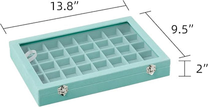 Frebeauty 40 Grid Jewelry Tray,Adjustable Earring Holder Organizer with Glass Lid,Velvet Drawer Jewelry Organizer for Rings,Studs,13.8 x 9.5 x 2 Inches Jewelry Display Box,Gift for Women(Turquoise)