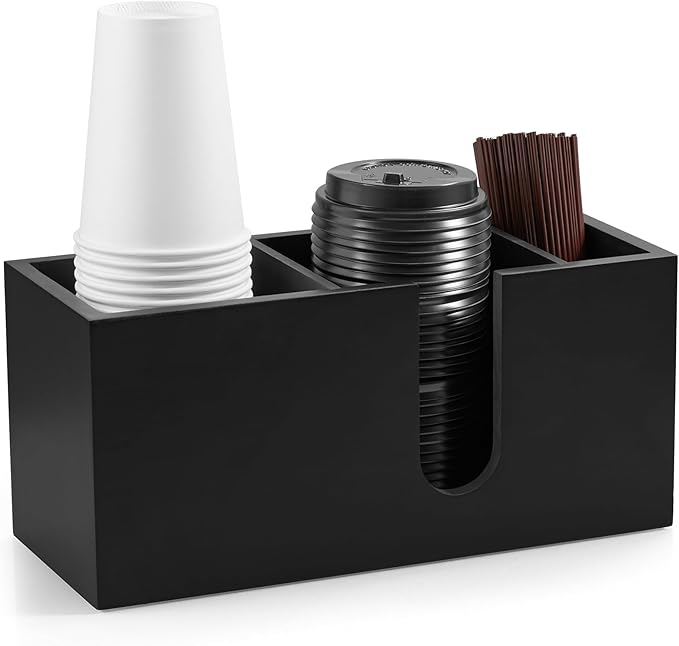 ALELION Large Black Coffee Cup Organizer for Disposable Cups, Lids and Stir Sticks - 3-Compartment Countertop Cup Holder Storage Rack for Coffee Station, Kitchen, Office