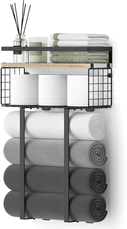 Towel Racks for Bathroom, Metal Towel Holder with Storage Basket,Wall Towel Rack for Rolled Towels, Towel Storage for Small Bathroom.