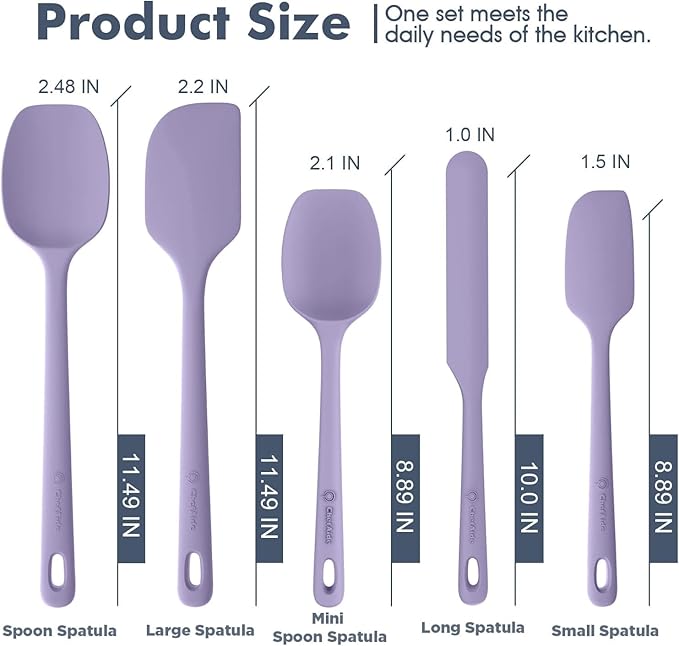 ChefAide 5 Pieces Silicone Spatula Set, Food Grade Rubber Spatula, Upgrade Strong Handle with Ergonomic Grip, Heat Resistant Up to 600°F for Nonstick Cookware, Cooking