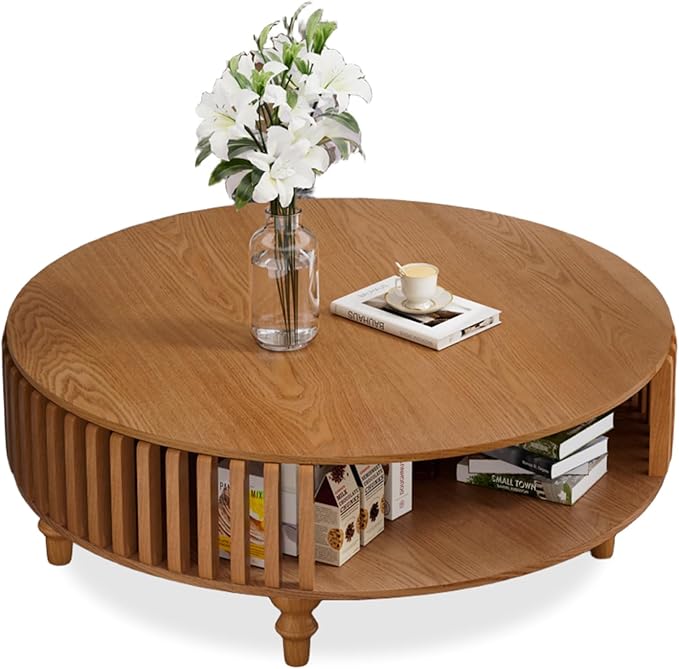 2-Tier Round Coffee Table 39.4" Round Coffee Table with Storage Mid-Century Modern Circle Accent Center Table Farmhouse Low Cocktail Tea Furniture for Living Room Small Spaces (39.4" Round)